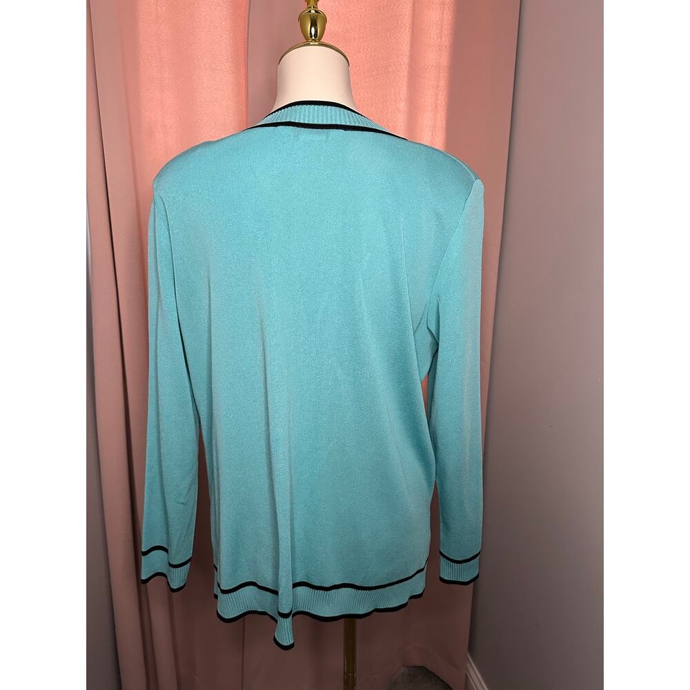 EUC Vintage Misook Jacket Petite Large Front Cardigan Classic Knit Aqua Black PL - Picture 4 of 12